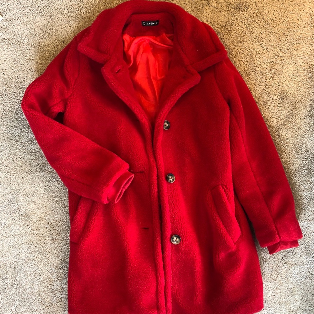 Red teddy bear peacoat